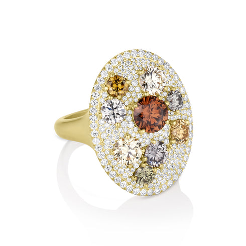 side view of this one of a kind 2.84ct oval diamond cocktail ring<br>featuring a spray of mixed fancy color diamonds in a sea of white diamond pave <span class='visuallyhidden'>Call, text 323-404-2959 for shopping assistance.</span>